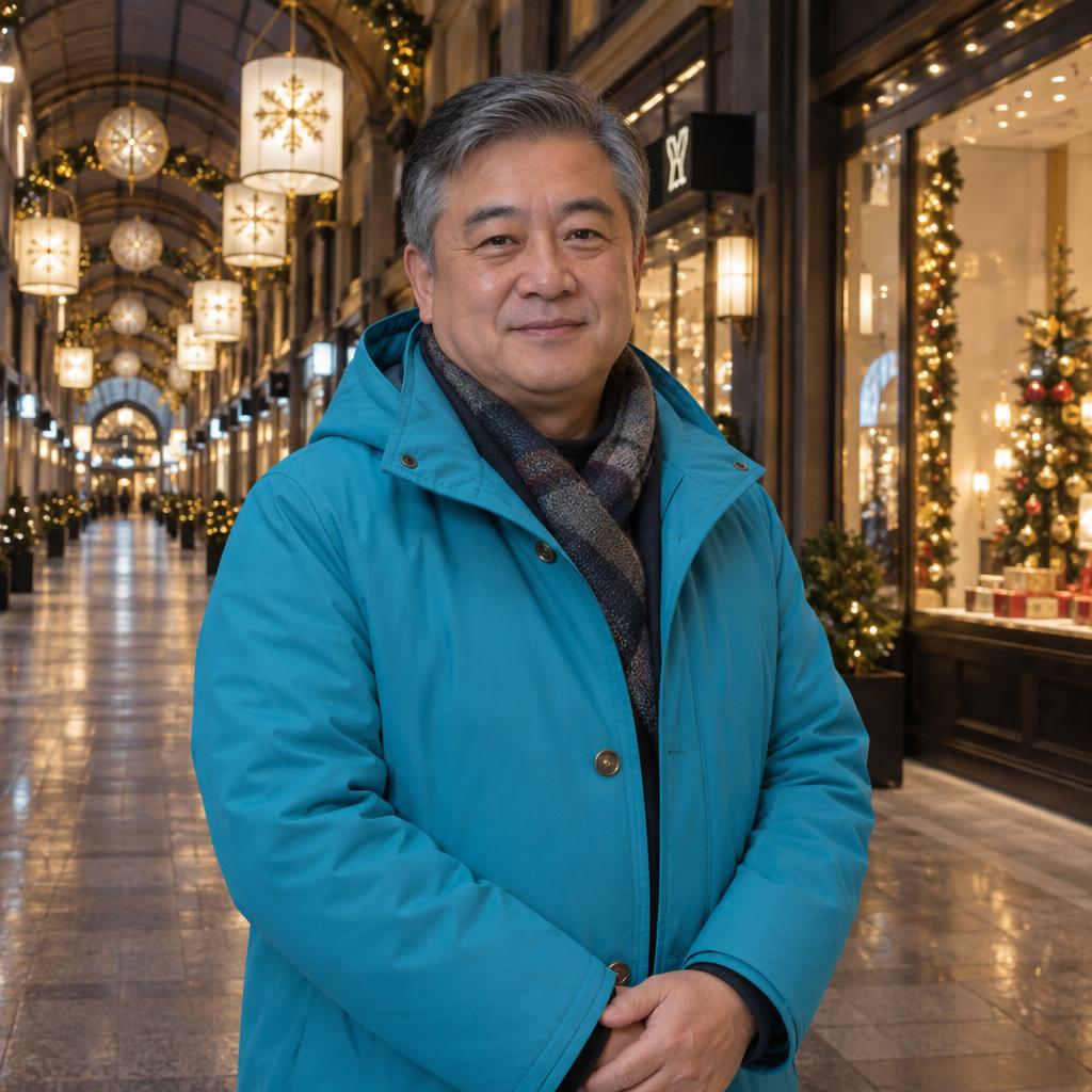 Holiday Lights in the City: Photorealistic waist-up portrait in a covered downtown shopping arcade after dark.