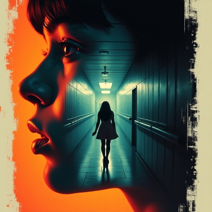 Retro VHS Slasher Poster Portrait example: Retro VHS horror movie poster portrait. Unexpected creative variation styled as a faux double-exposure rental tape cover
