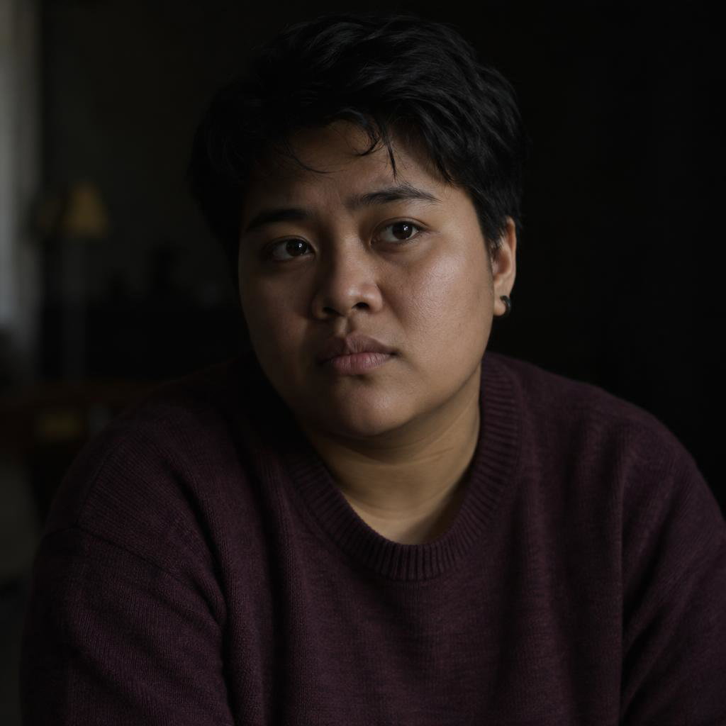 Intimate Dramatic Monologue: Tight portrait in a quiet, low-lit interior with a nearly black background.