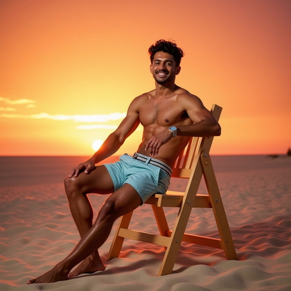 Photobooth portrait photo: studio “sunset beach” set with real sand mounded into gentle dunes, a seamless sky gradient backdrop shifting from apricot to deep coral, and a faux lifeguard chair used as a posing prop; warm, low-angle rim light simulates golden hour while a soft frontal fill keeps the face bright and inviting. The subject leans one hand on the chair back, torso angled slightly, eyes to camera with a relaxed smile, styled in resort-ready attire that suggests effortless vacation confidence.