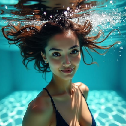 AI-generated photo: Photorealistic underwater portrait photography. The subject is captured mid-turn underwater, body su...