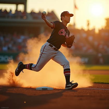 AI-generated photo: Photorealistic professional sports action photograph: golden-hour backlight silhouettes the airborne...