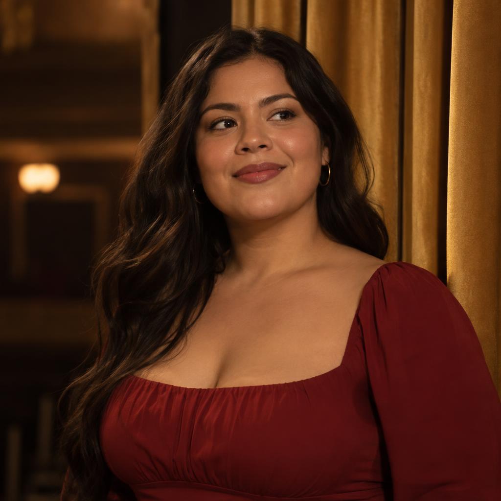 Musical-Theater Presence: Photorealistic chest-up portrait at the edge of a gold theater curtain, its folds visible behind one shoulder.
