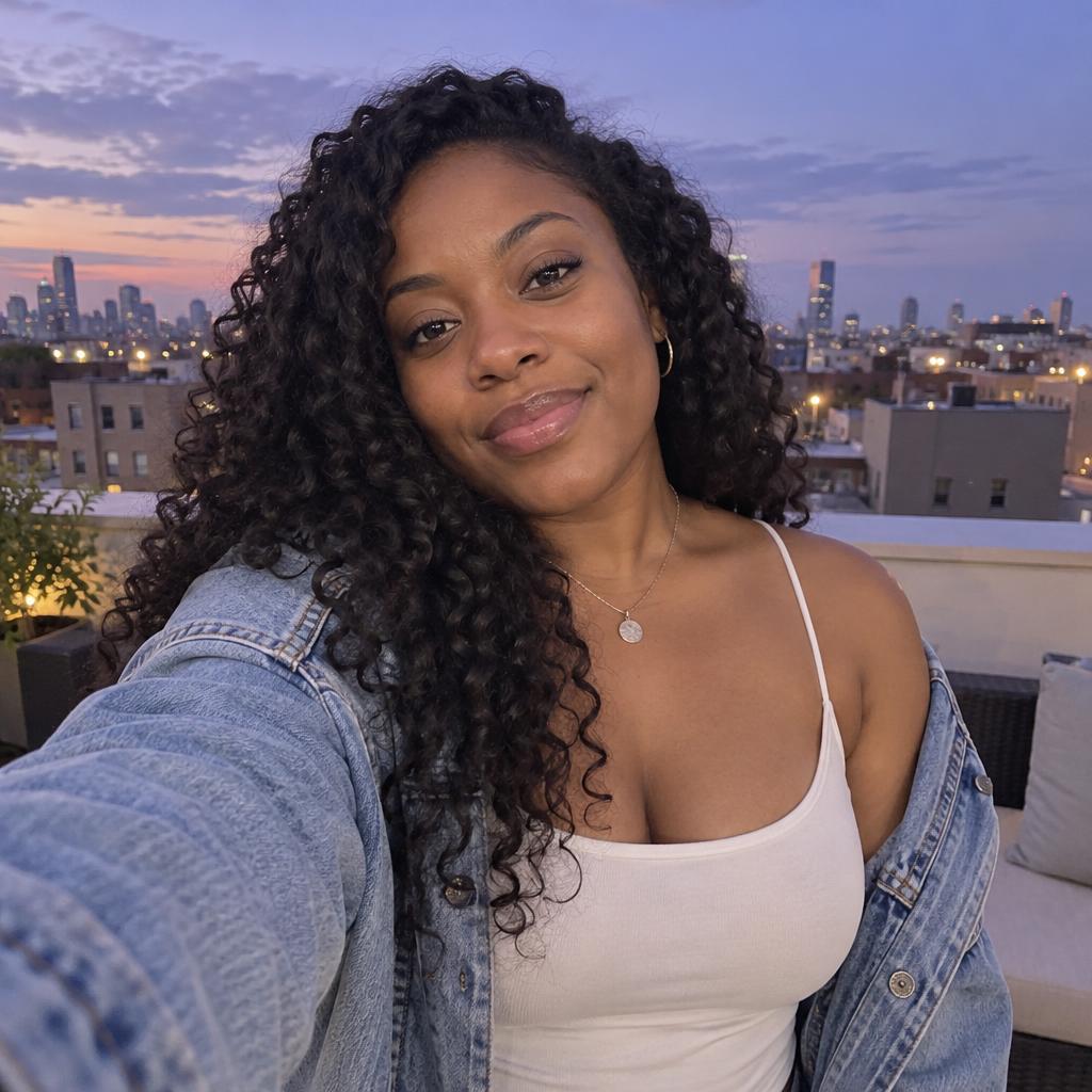 Rooftop Blue-Hour Selfie: Arm’s-length upper-body rooftop selfie, face near the center, one arm reaching toward the viewer.