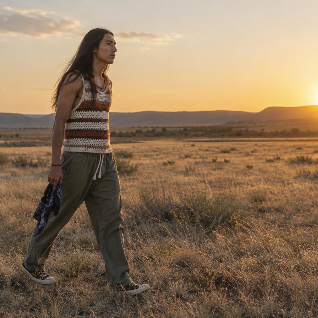 Festival Sunset Candid: Wide, full-length candid of one person crossing a sun-bleached field from left to right, wearing a striped crochet top, loose drawstring…