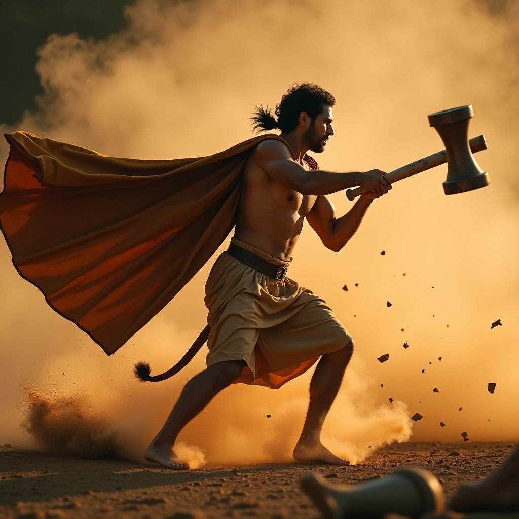 Solo Hercules Lion-Cloak Power Portrait example: Cinematic mythological action portrait photography. Capture a dynamic mid-stride moment as the subject swings a wooden c
