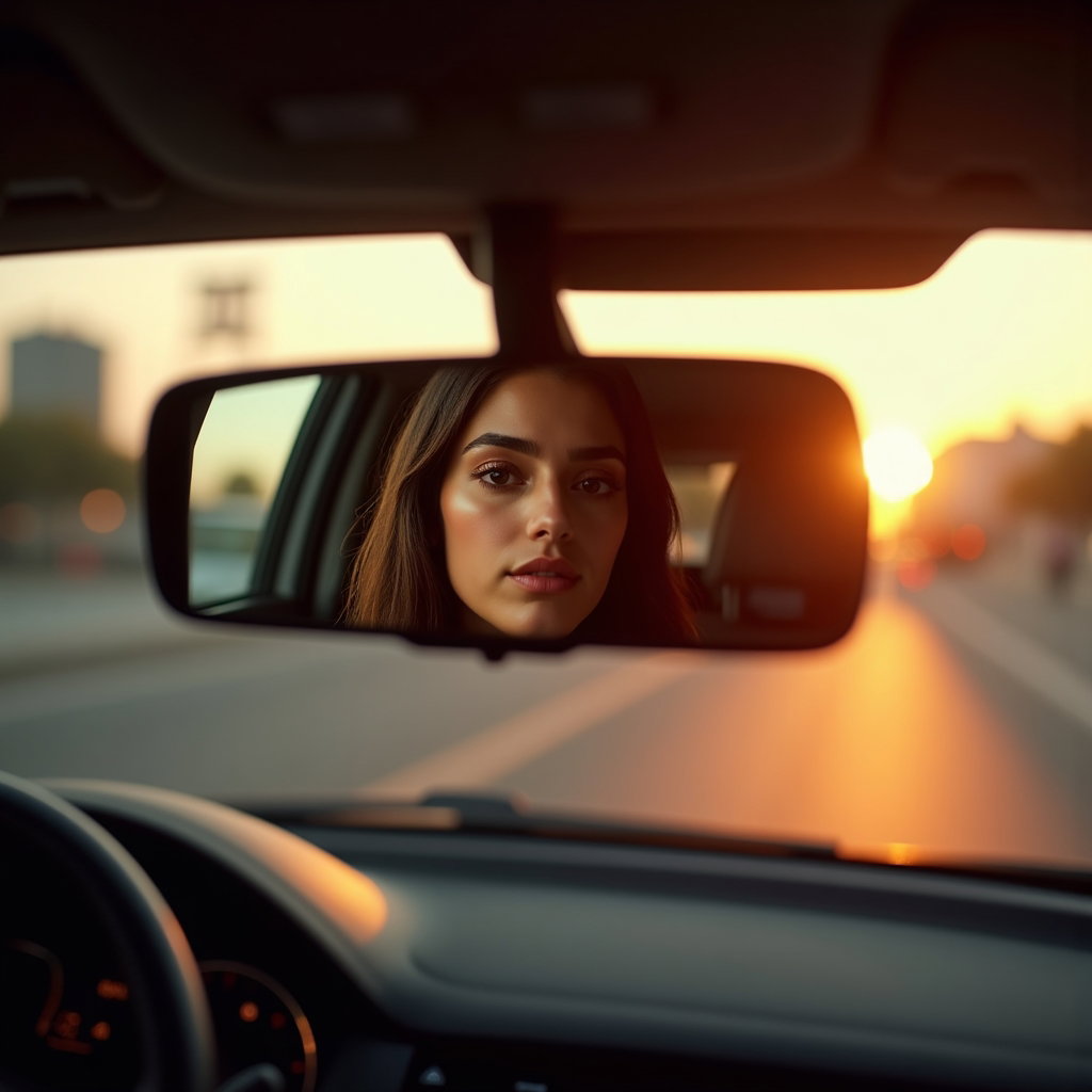 AI-generated photo: Photorealistic mirror selfie photo inside a parked car using the flip-down visor mirror at golden ho...