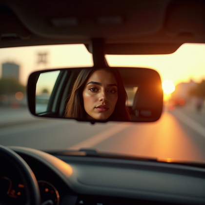 AI-generated photo: Photorealistic mirror selfie photo inside a parked car using the flip-down visor mirror at golden ho...