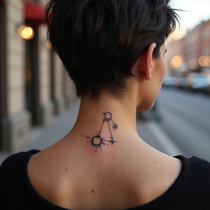 AI-generated photo: Photorealistic photography of a minimalist tattoo placed on the nape of the neck, featuring a styliz...
