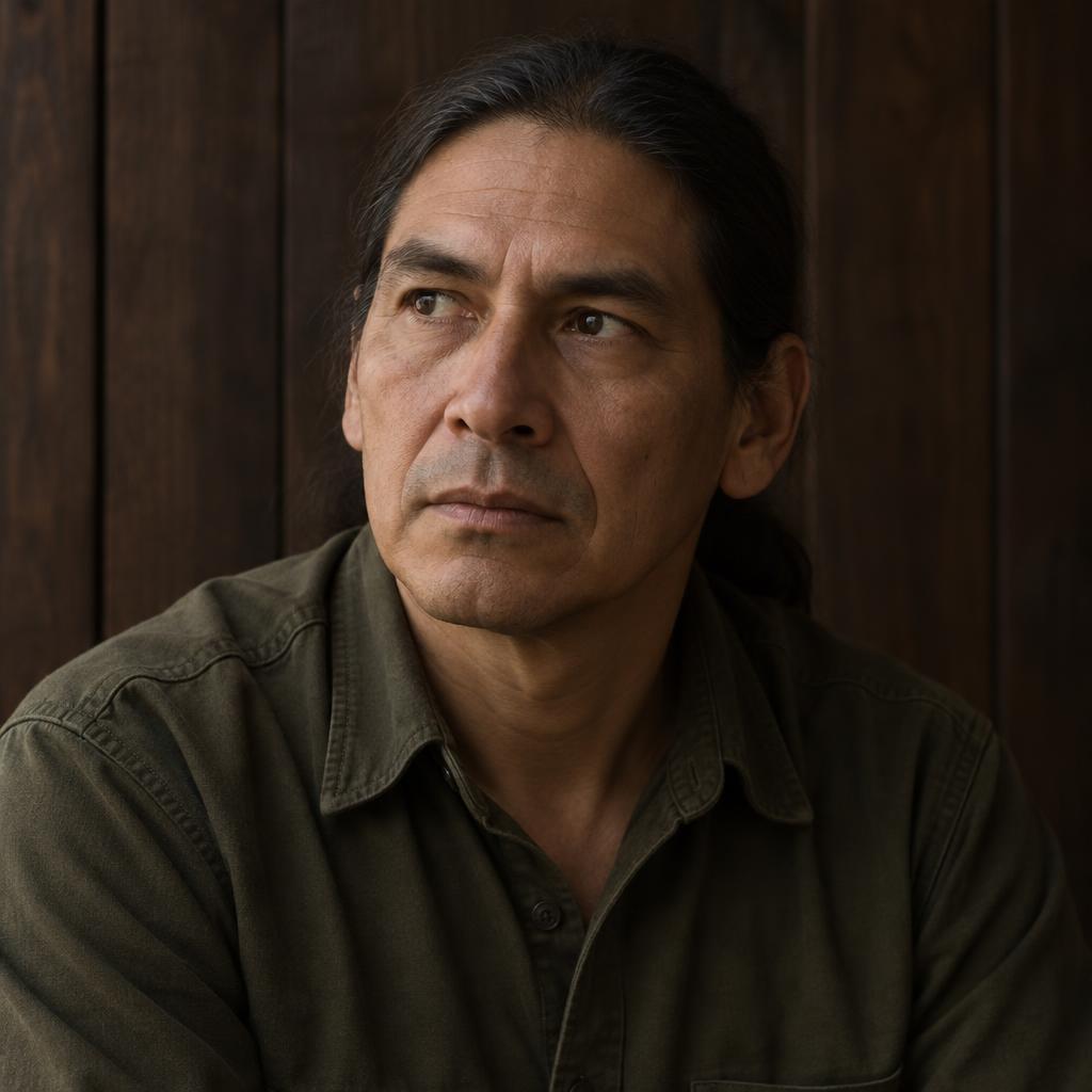 Intimate Dramatic Monologue: Intimate head-and-shoulders portrait against dark wood paneling, with no visible props.