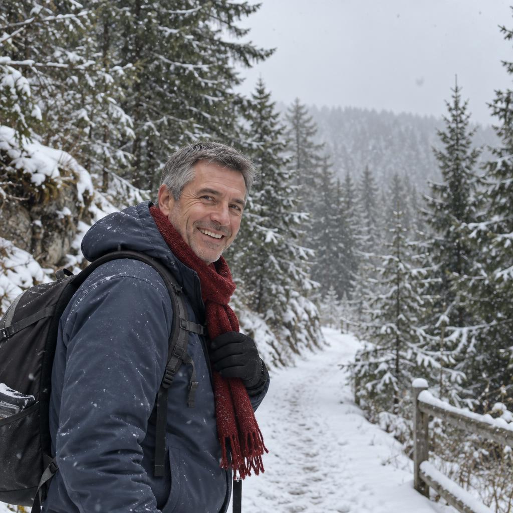 Snowy Evergreen Walk: A candid personal photo on a winding evergreen trail during gentle snowfall.