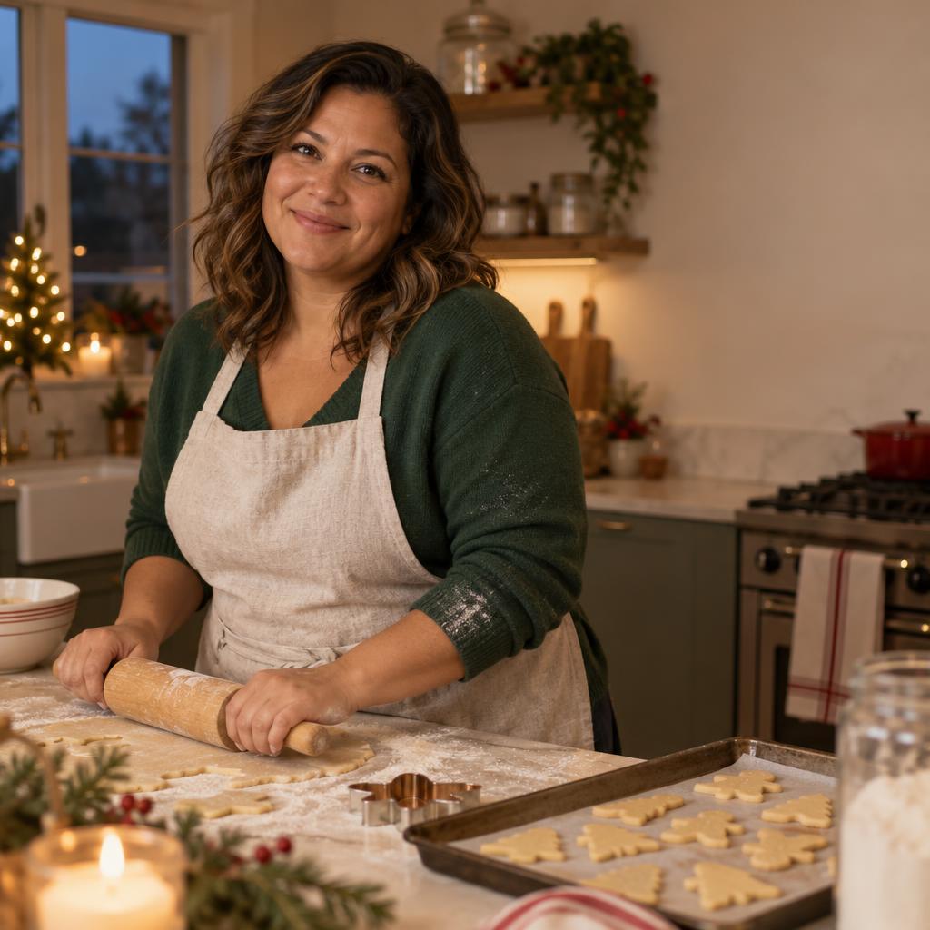 Candid Holiday Baking Moment: Softly lit Christmas card photo in a warm-toned kitchen at dusk.