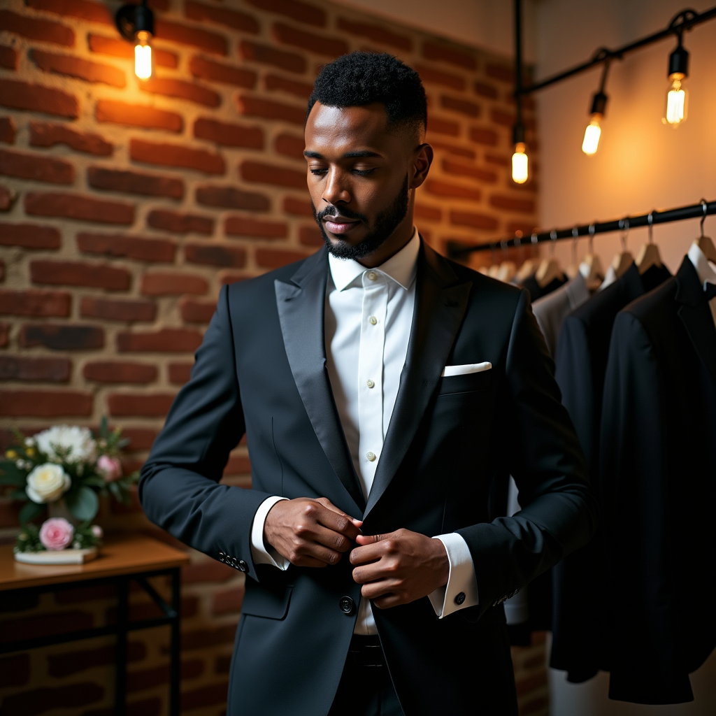AI-generated photo: Photorealistic wedding photography portrait in an industrial loft dressing area with exposed brick, ...