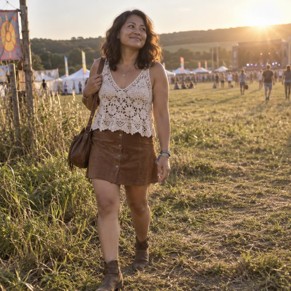 Festival Sunset Candid: Full-length view at the edge of an open field, with one person stepping from a worn grassy track into the late-afternoon sun.
