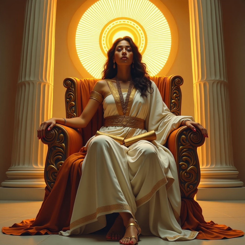 Solo Oracle-Blessed Hero Portrait example: Neoclassical mythological oil painting. Editorial hero image of an oracle-blessed champion seated on a carved marble thr