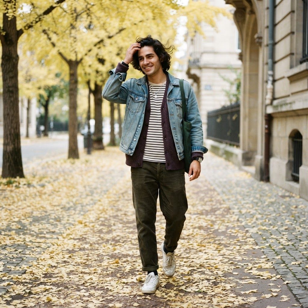 Soft Layers on a Leaf-Strewn Walk: Candid full-length walk along a tree-lined sidewalk covered in pale ginkgo leaves.