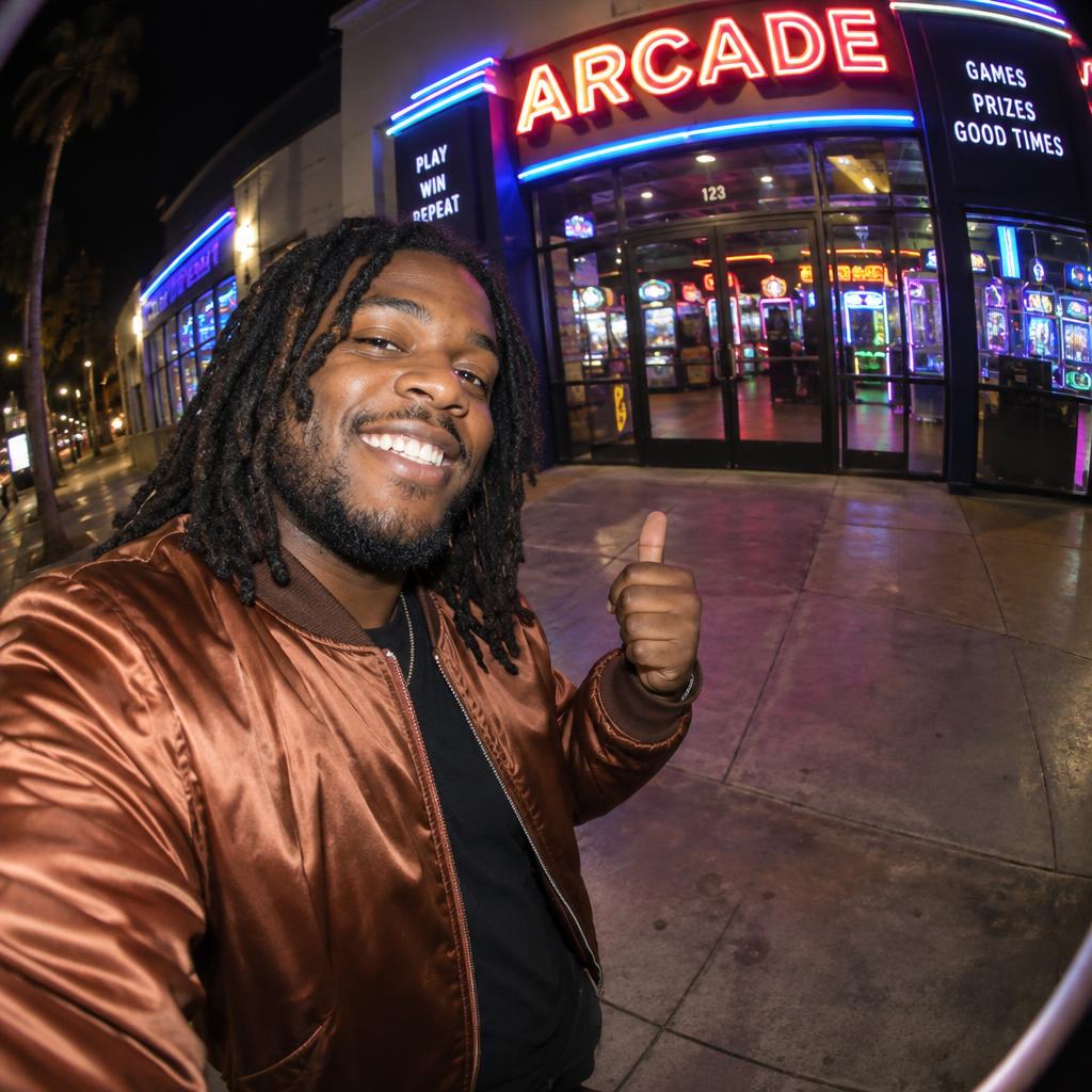 Fisheye Night-Out Snapshot: Off-center selfie outside a neon-lit arcade venue, his face close to the frame as he grins and points one thumb toward the glowing entrance.