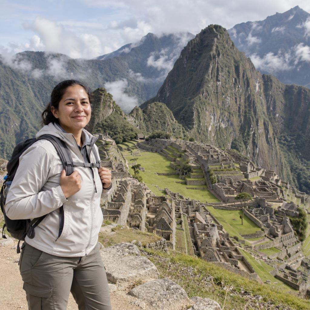 A Faraway Travel Milestone: Photorealistic wide travel photo at the classic Machu Picchu overlook.