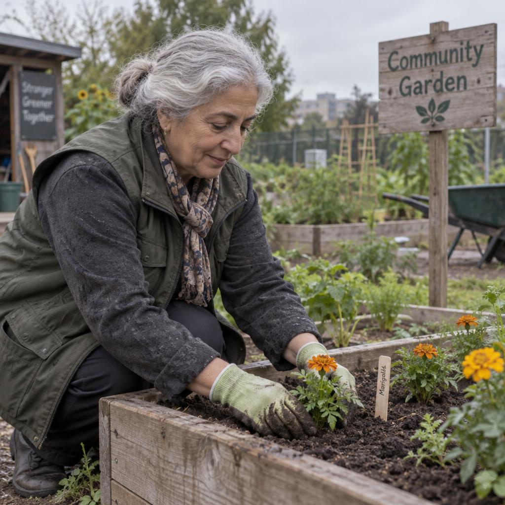 Community Garden Volunteering: Close, candid side view of her kneeling beside a shared raised bed, one gloved hand steadying a young marigold while the other tucks soil…