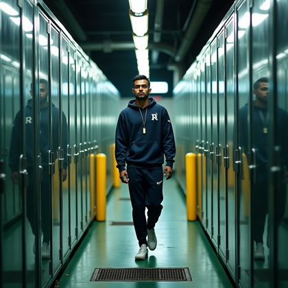 AI-generated photo: Photorealistic professional sports photography in a narrow tunnel lined with glass equipment cases, ...