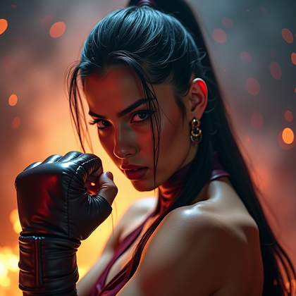AI-generated photo: Photorealistic cosplay portrait photography. Dynamic close-up portrait inspired by a fighting game c...