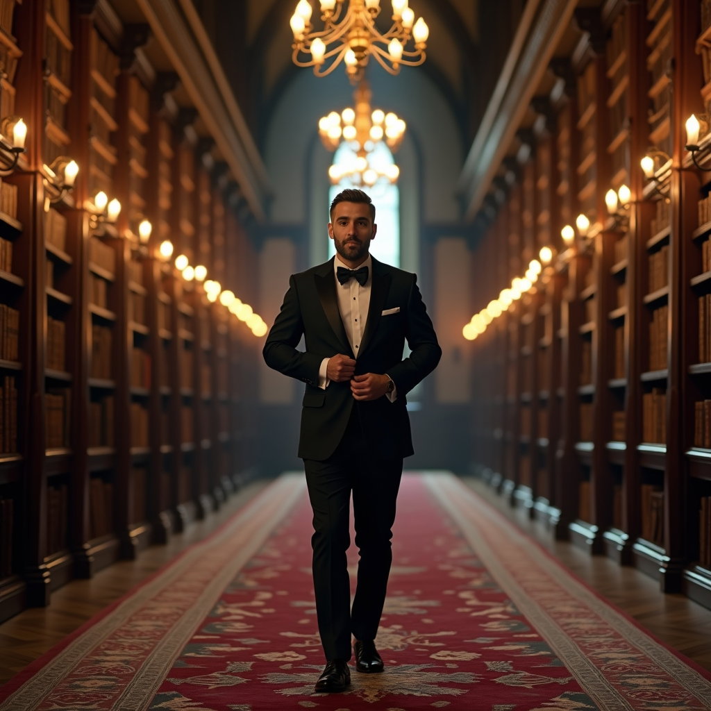 AI-generated photo: Photorealistic wedding editorial photography inside a historic library aisle lined with towering she...