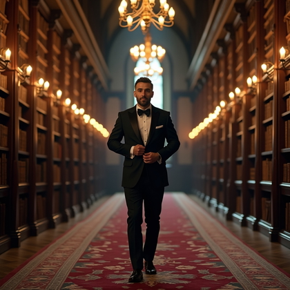 AI-generated photo: Photorealistic wedding editorial photography inside a historic library aisle lined with towering she...