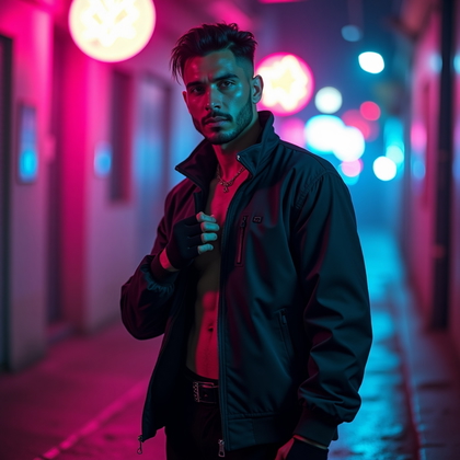 AI-generated photo: Photorealistic cinematic portrait photography. A real person poses in a dim, neon-lit alleyway that ...