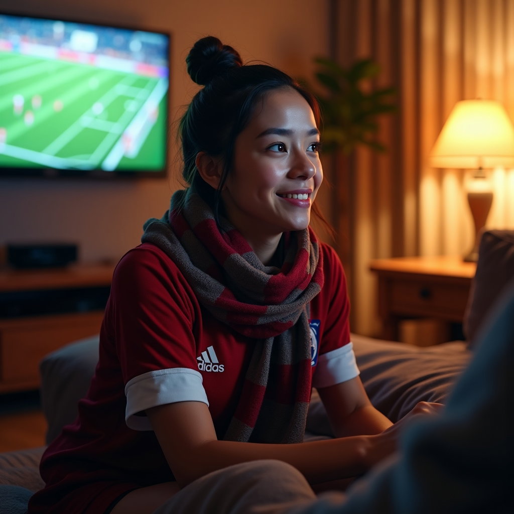 Simple Jersey-and-Scarf World Cup Fan Portraits example: Photorealistic sports fan portrait photography. Environmental portrait of a fan seated alone in a cozy living room watch