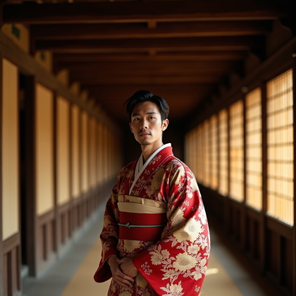 AI-generated photo: Fashion photography, a dramatic traditional kimono portrait inside a historic wooden machiya corrido...