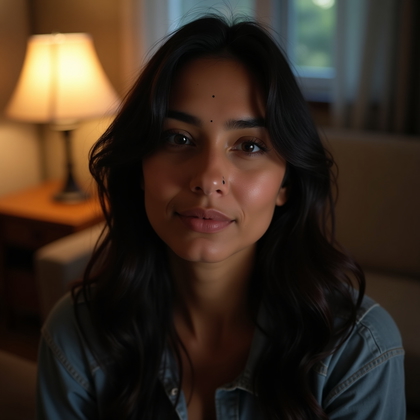 AI-generated photo: Photorealistic beauty portrait photograph, tight portrait in a home setting lit by mismatched light ...