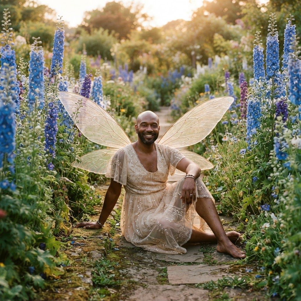 Garden Fairy Among Flowers: Seated on the edge of a narrow garden path between tall blue larkspur, wearing a delicate pale-gold dress and translucent fairy wings.