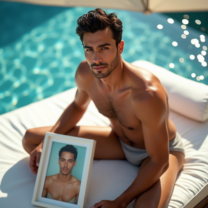 AI-generated photo: Photorealistic photography. Poolside resort reveal in elegant swimwear on a white daybed, the person...