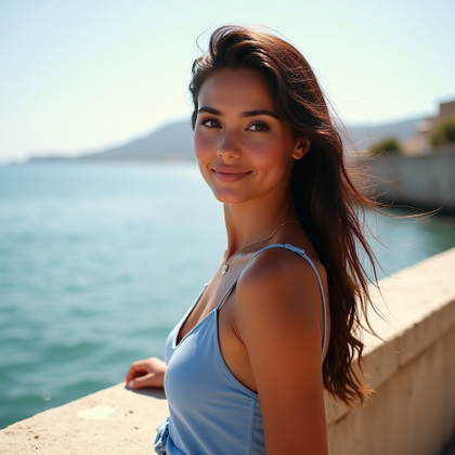 Sunlit Seaside Promenade Portraits example: Photorealistic vacation portrait. Profile/avatar crop framed from the shoulders up, the subject standing near a sunlit p