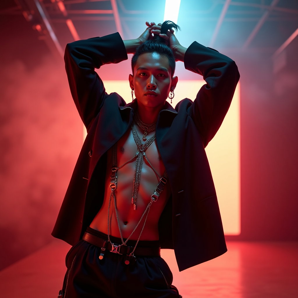 Dance-Pose Battle Portrait example: Cinematic K-pop fantasy portrait photography. Half-body portrait in a dramatic overhead choreography hit, both arms lift