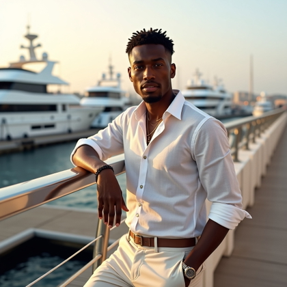Luxury Marina Portraits With Yachts in the Background example: Photorealistic portrait photography. Half-body portrait beside a marina railing, with layered yachts in the background a