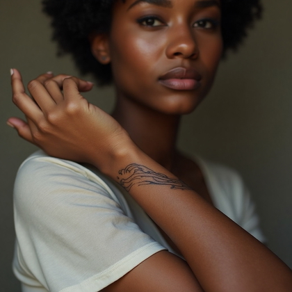 AI-generated photo: Photorealistic photography capturing a minimalist tattoo of a small, stylized wave pattern wrapping ...