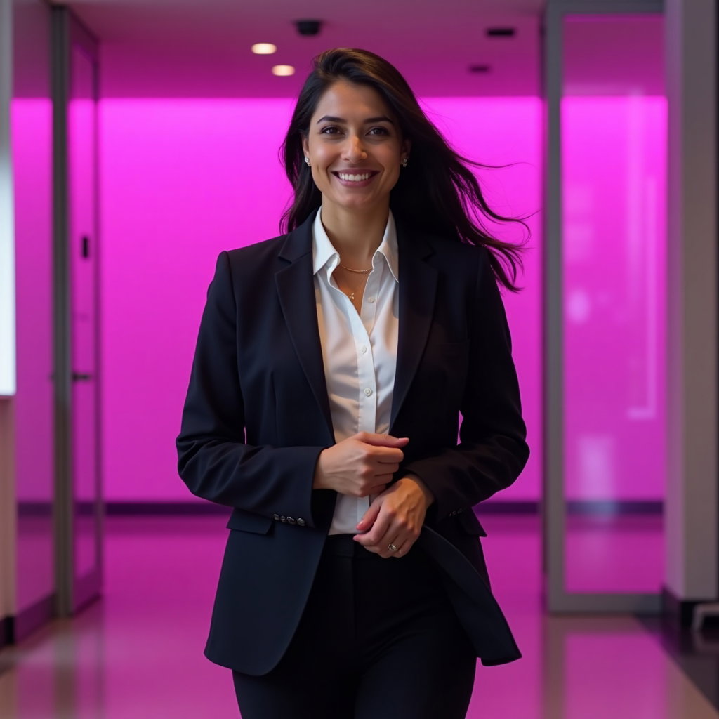 Pride Profile Picture Headshots With One Bold Color example: LinkedIn photo. Motion-focused corporate portrait in an office lobby, with the subject walking toward the camera while a
