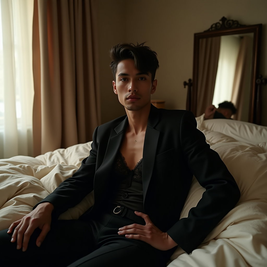 Soft Gothic Morning Portrait example: Dating profile photo. Editorial hero image in a moody bedroom with tall curtains, rumpled ivory sheets, and a vintage mi