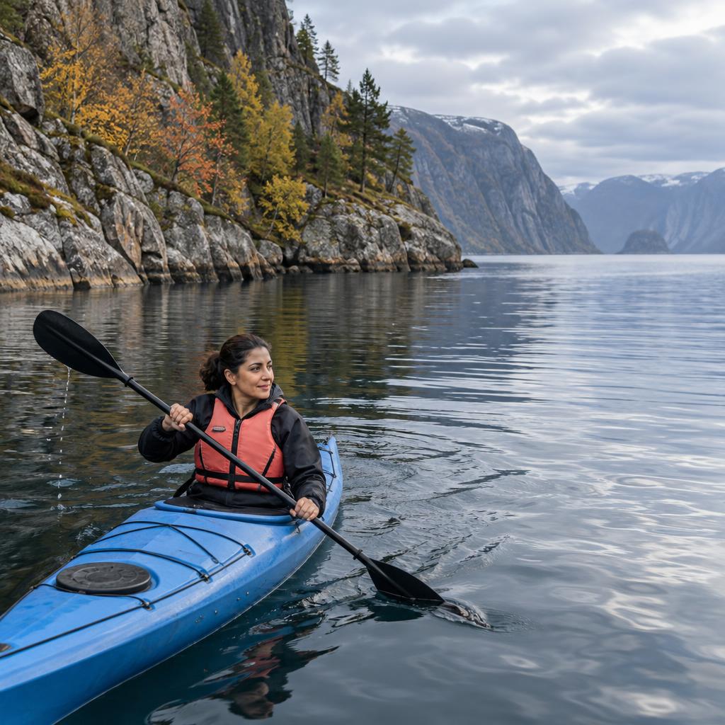 A Solo Outdoor Adventure: A high, wide photo of one paddler rounding a rocky fjord headland in a blue kayak, caught midway through a stroke.