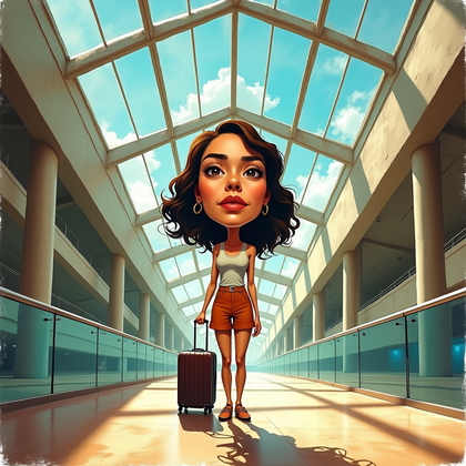 AI-generated photo: Mixed-media collage caricature in a soaring airport atrium, seen from an elevated balcony straight d...