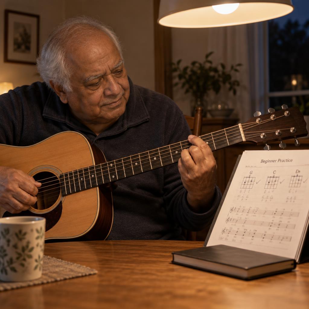 Mastering A New Skill: At a modest dining table after dusk, he leans forward with an acoustic guitar, eyes narrowed toward his fingers as they settle into a chord.