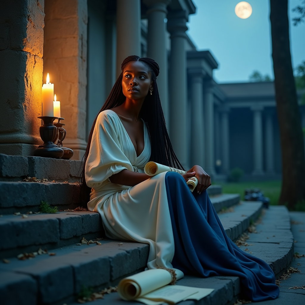 Solo Orpheus Moonlit Poet-Hero Portrait example: Cinematic mythological portrait photography. Half-body portrait seated on ancient stone steps, one hand resting over lyr