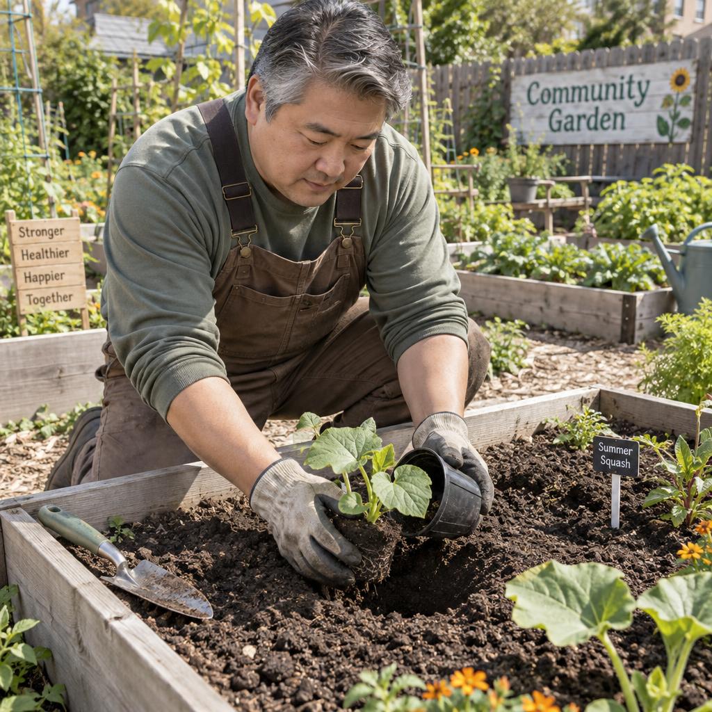 Community Garden Volunteering: Personal photo from slightly above the raised bed: he kneels in earthy work clothes, tipping a squash seedling gently out of its starter pot…
