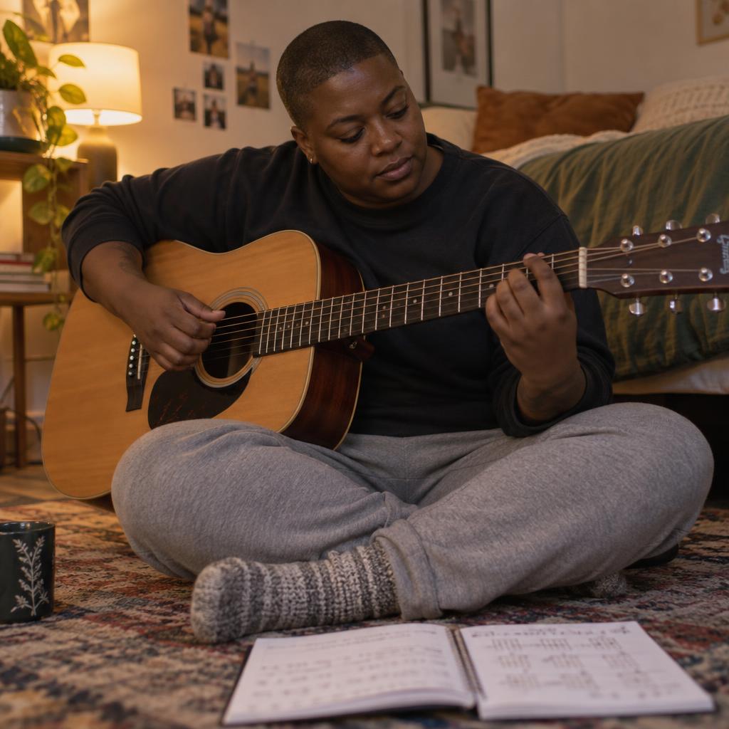 Mastering A New Skill: Seated cross-legged on a bedroom rug in comfortable clothes, they work through a guitar chord change, eyes fixed on the fretboard and…