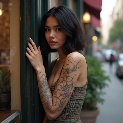 AI-generated photo: Photorealistic photography of a woman featuring a captivating Art Nouveau-inspired floral tattoo on ...
