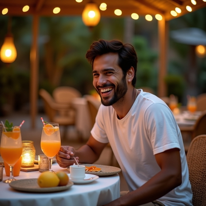 Relaxed Laugh Close-Up Instead of Forced Smolder example: Photorealistic dating profile photo. Environmental portrait at an outdoor villa dining table with citrus drinks, woven c