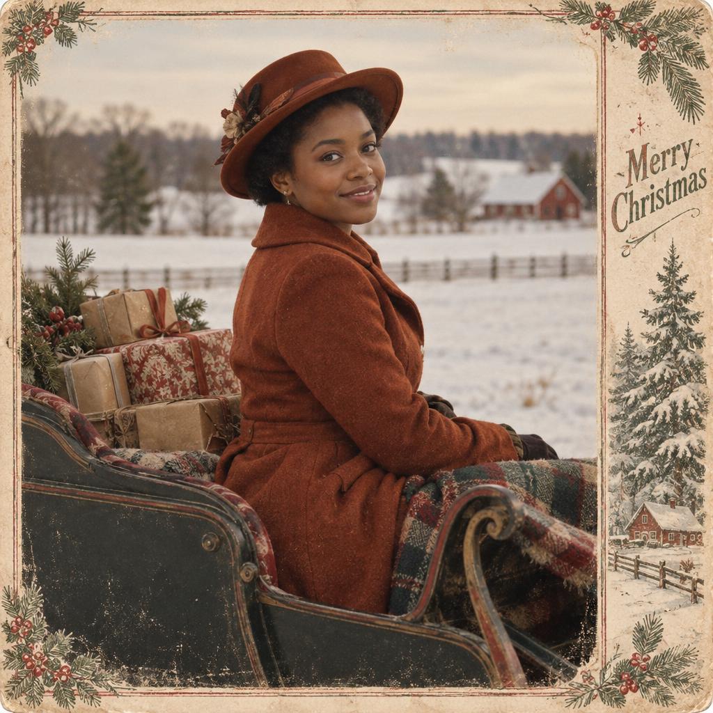 Vintage Postcard-Style Portrait: A single person sits sideways in a stationary antique sleigh filled with wrapped parcels, turning her shoulders toward the camera and…