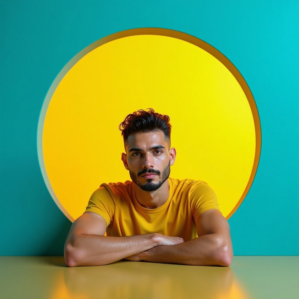 AI-generated photo: Photorealistic studio portrait photograph built around a freestanding wall painted hyper-saturated a...