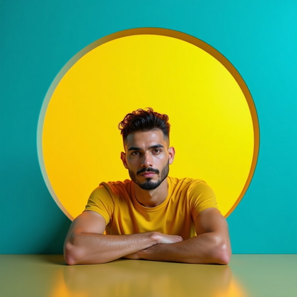 AI-generated photo: Photorealistic studio portrait photograph built around a freestanding wall painted hyper-saturated a...